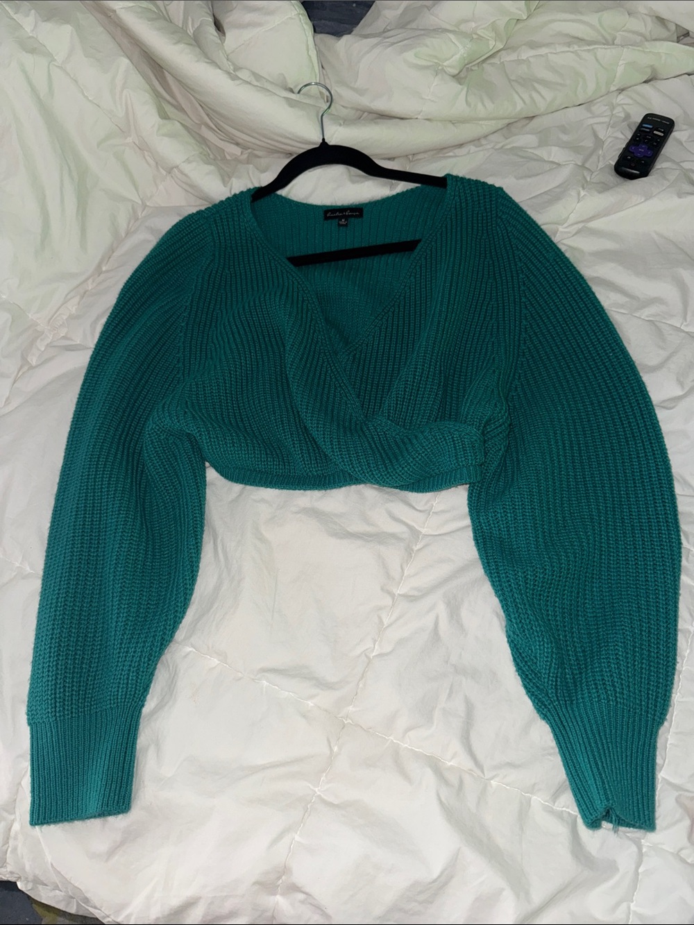 Cropped V-Neck Chunky Knit Sweater - Teal